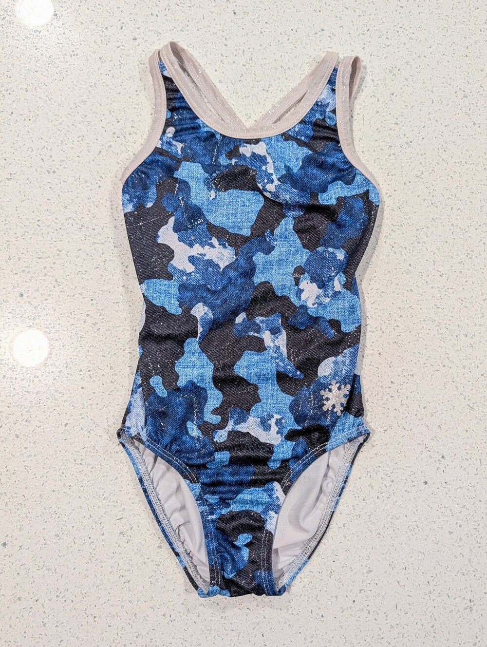 BEAUTIFUL Snowflake CM Medium Gymnastics Leotard DENIM Camouflage CAMO Sparkle